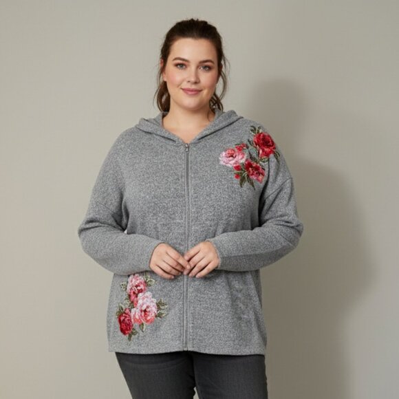 Sweaters - 💖Host Pick💖 Rose Embroidered Long Sleeve Gray Zip Up Hoodie XL